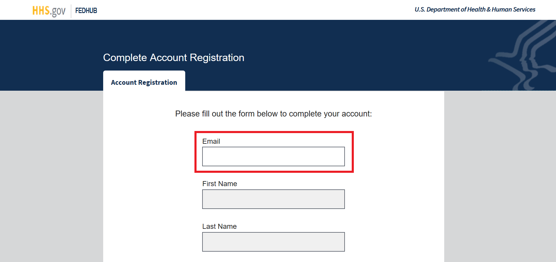 PIV or CAC Complete Account Registration page with the 'Email' entry field highlighted