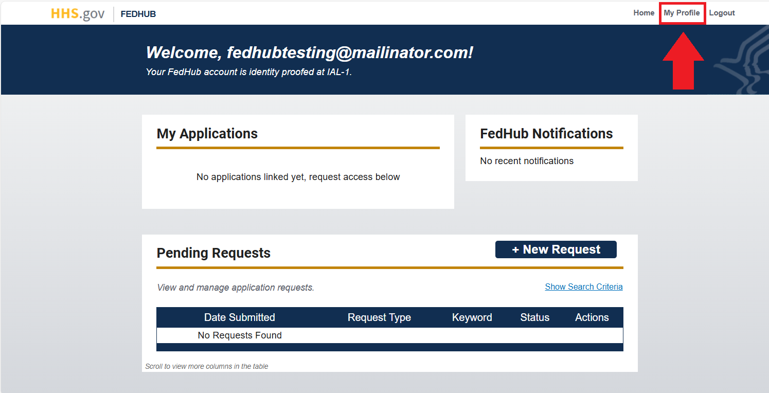 FedHub user dashboard with 'My Profile' link highlighted