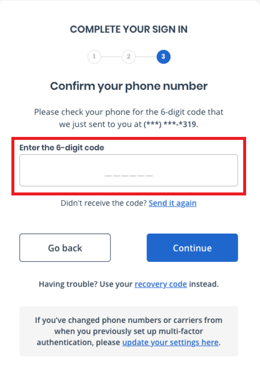 ID.me Security Code page with the 'Enter the 6-digit code' field highlighted