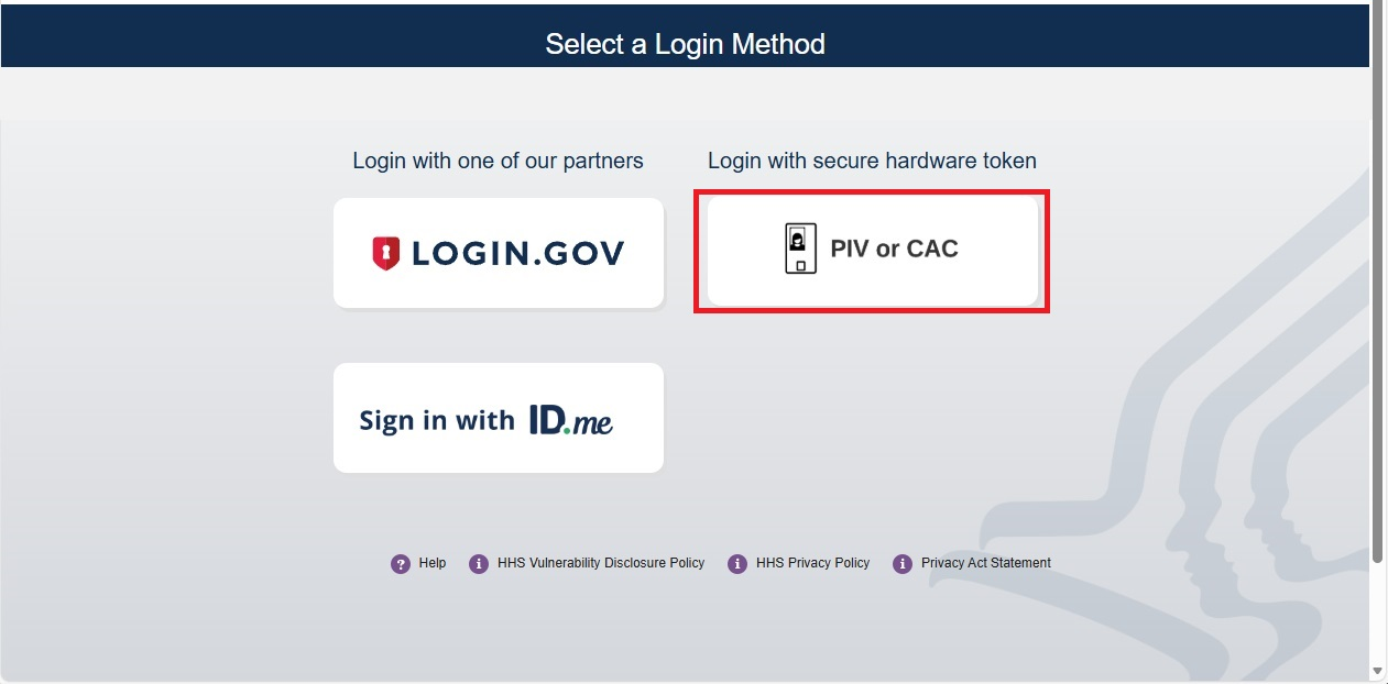 FedHub login page with the 'PIV or CAC' login button highlighted
